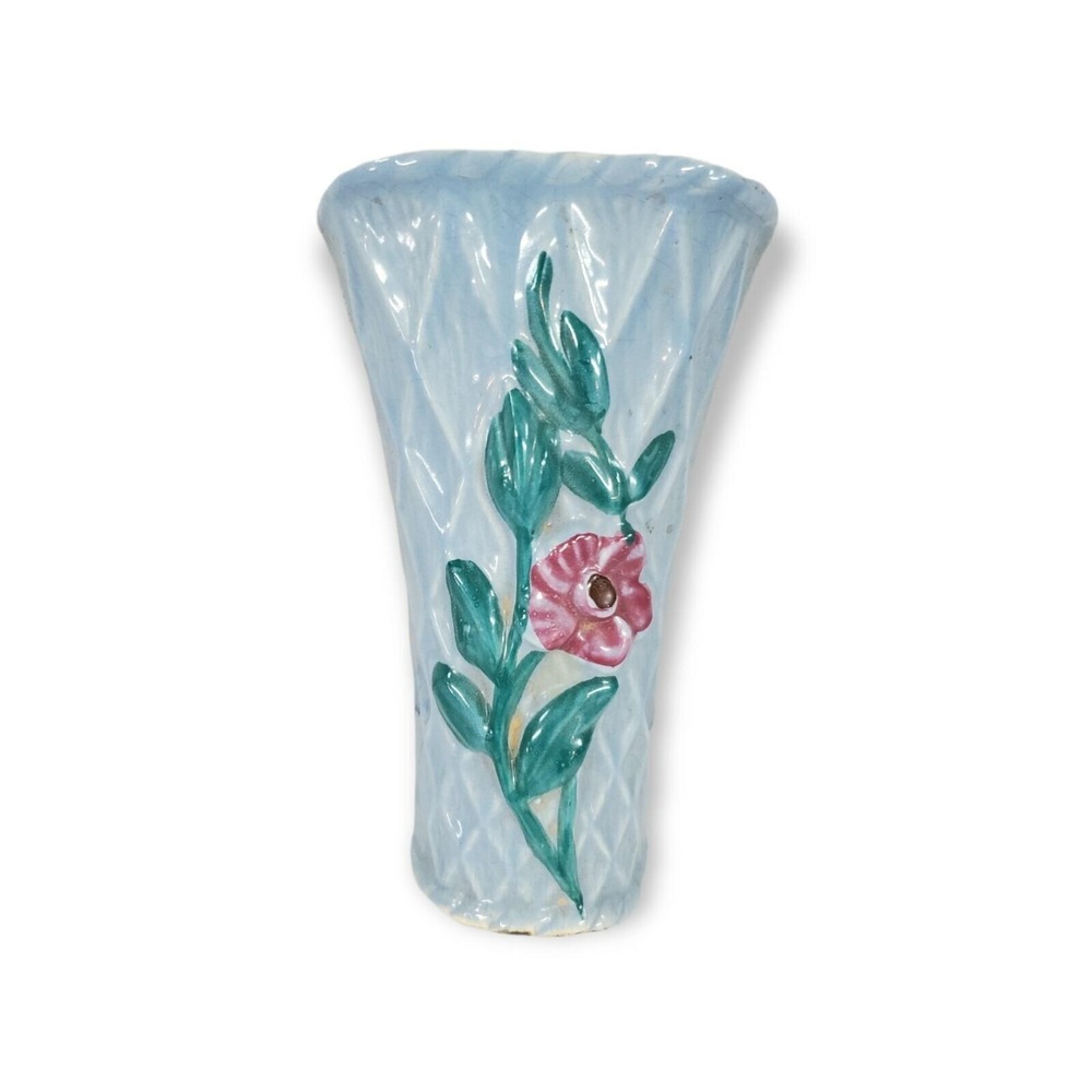 Vintage Blue Art Pottery Wall Pocket Vase Lattice Design Purple Flower